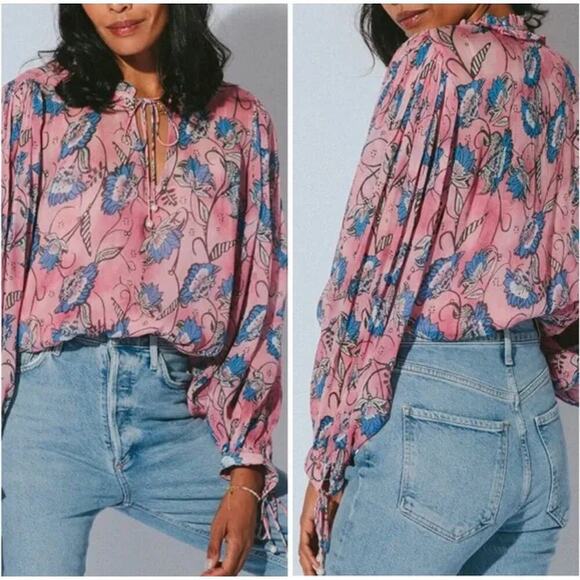 Cleobella Emily Sheer Blouse In Pink Blue Lotus Floral Print Blouson‎ Sleeves, M - Picture 1 of 15